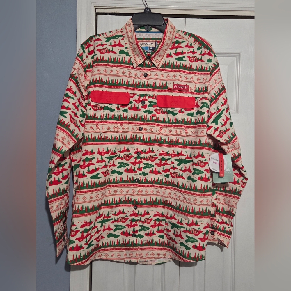 Magellan Cream Button-Up Shirt with Red & Green Holiday Print Limited Edition